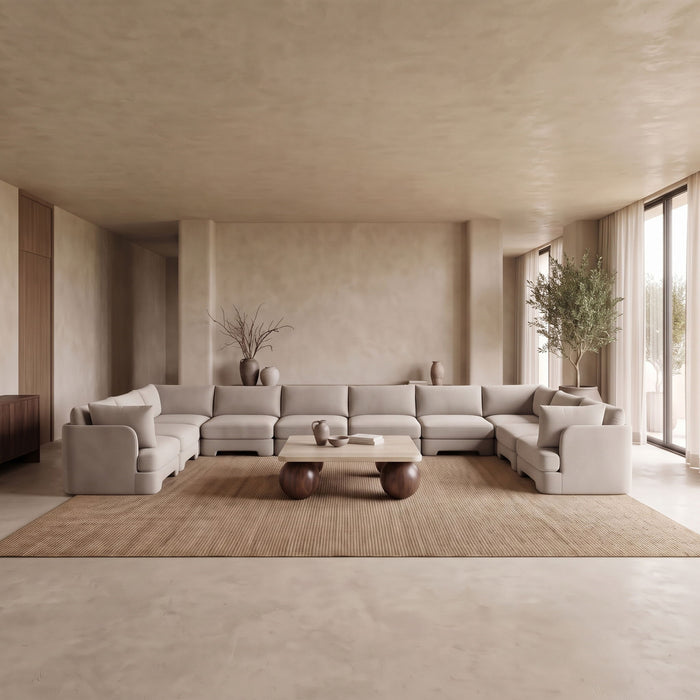 Meridian Furniture Hammond velvet performance fabric 10-piece sectional sofa with plush upholstered cushions and modern design.