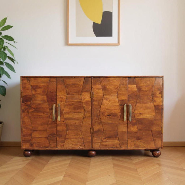 36" Solid Wood Carved Geometric Accent Cabinet With Four Doors - Chestnut