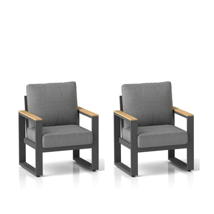 Set of two Giga all-weather patio armchairs with thick cushions, ideal for outdoor seating and comfort.