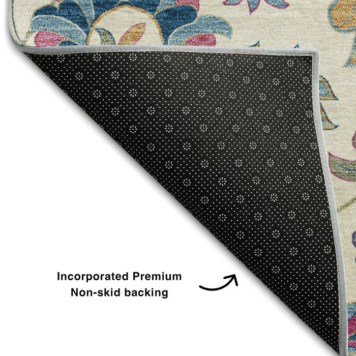 10' X 14' Floral Washable Area Rug With UV Protection (678988) - Linen / Pink / Blue