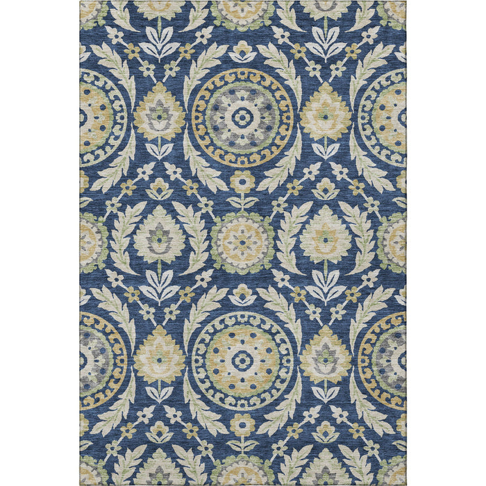 9' X 12' Floral Washable Area Rug With UV Protection - Navy Blue