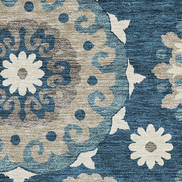 10' X 14' Medallion Washable Area Rug With UV Protection - Blue And Beige