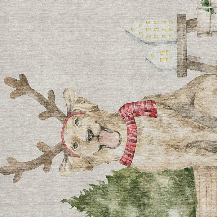 10' X 14' Christmas Dog Washable Area Rug With UV Protection (646451) - Taupe / Green / Gray