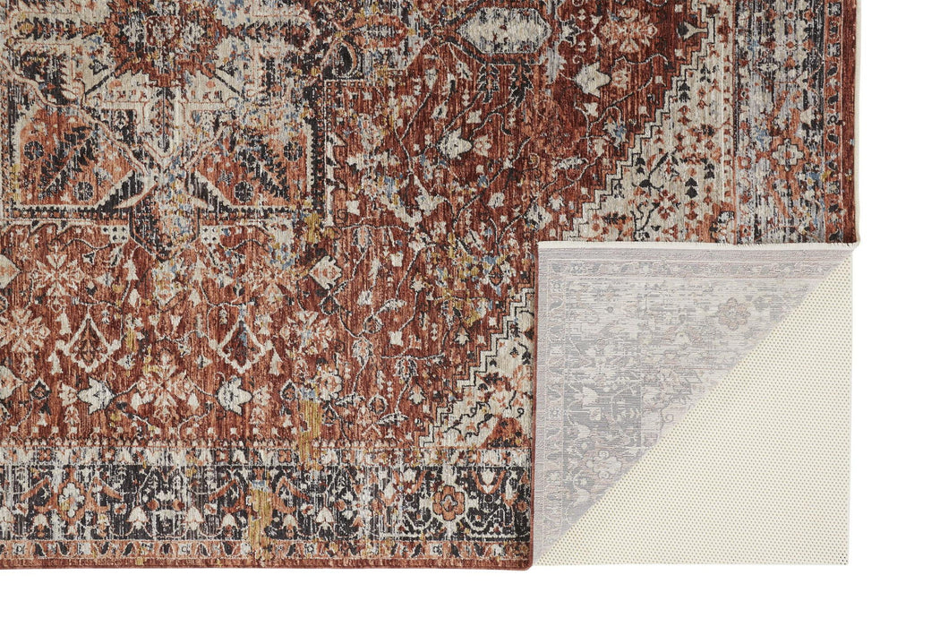 8' x 10' Abstract Distressed Area Rug With Fringe - Red Ivory And Black