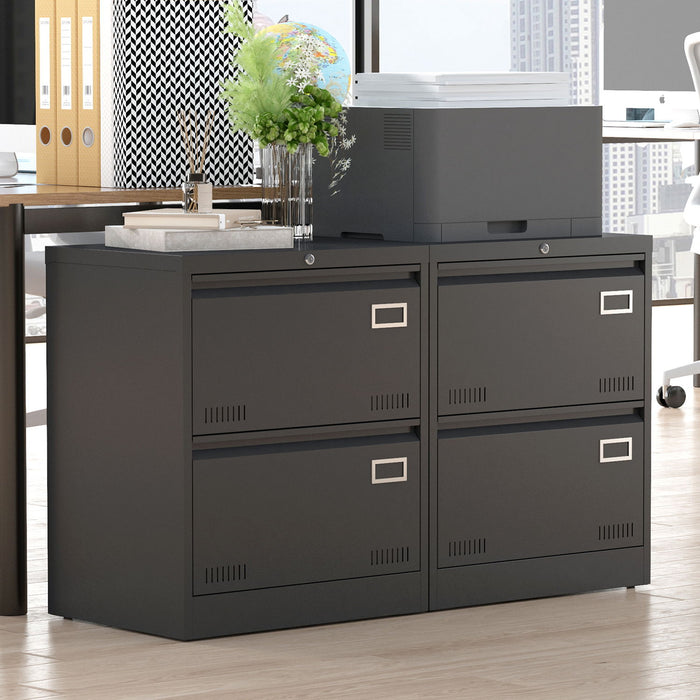 Black Giga metal lateral file cabinet with two drawers and locking mechanism, perfect for office or home storage.