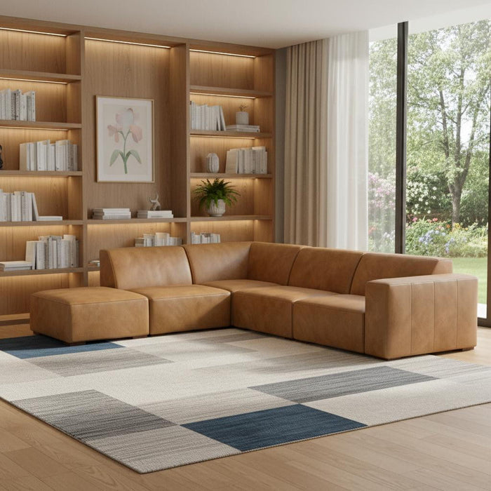 2 Piece Living Room Set Sienna Leather Sofa With Ottoman With Brown Legs - Brown