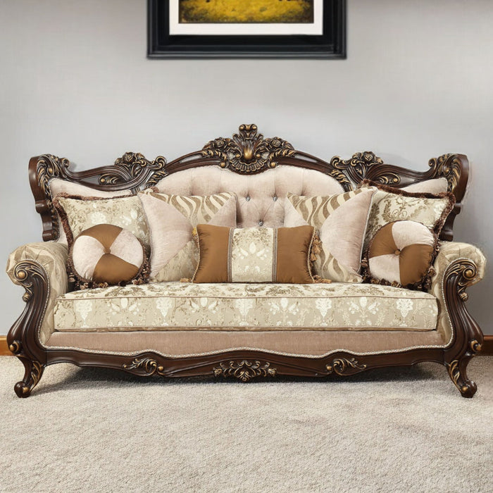 Polyester Blend Curved Damask Sofa And Toss Pillows With Brown Legs - Beige