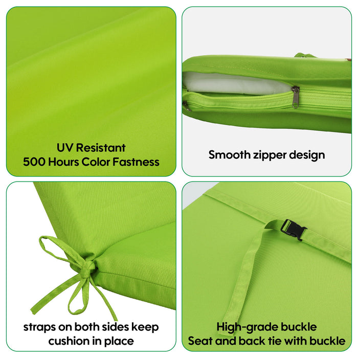 Giga 2-piece outdoor chaise lounge cushion set with matching apple green pillows, back and seat replacement cushions for patio furniture.
