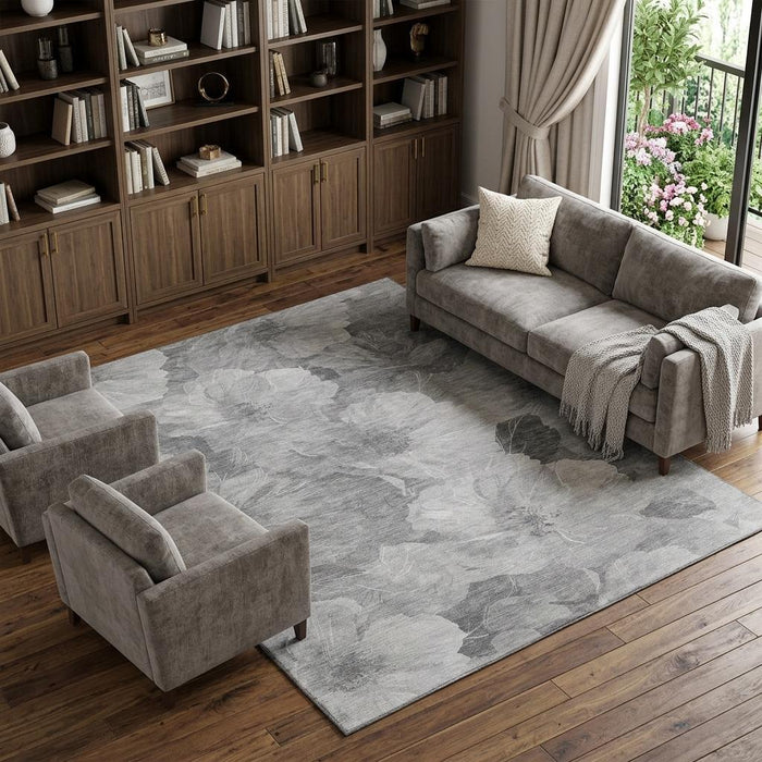 10' X 14' Floral Washable Area Rug With UV Protection (694316) - Gray / Silver / Charcoal