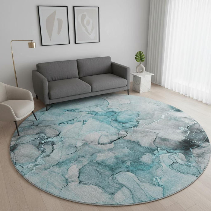 8' Abstract Washable Round Rug With UV Protection (647317) - Teal / Gray / Ivory