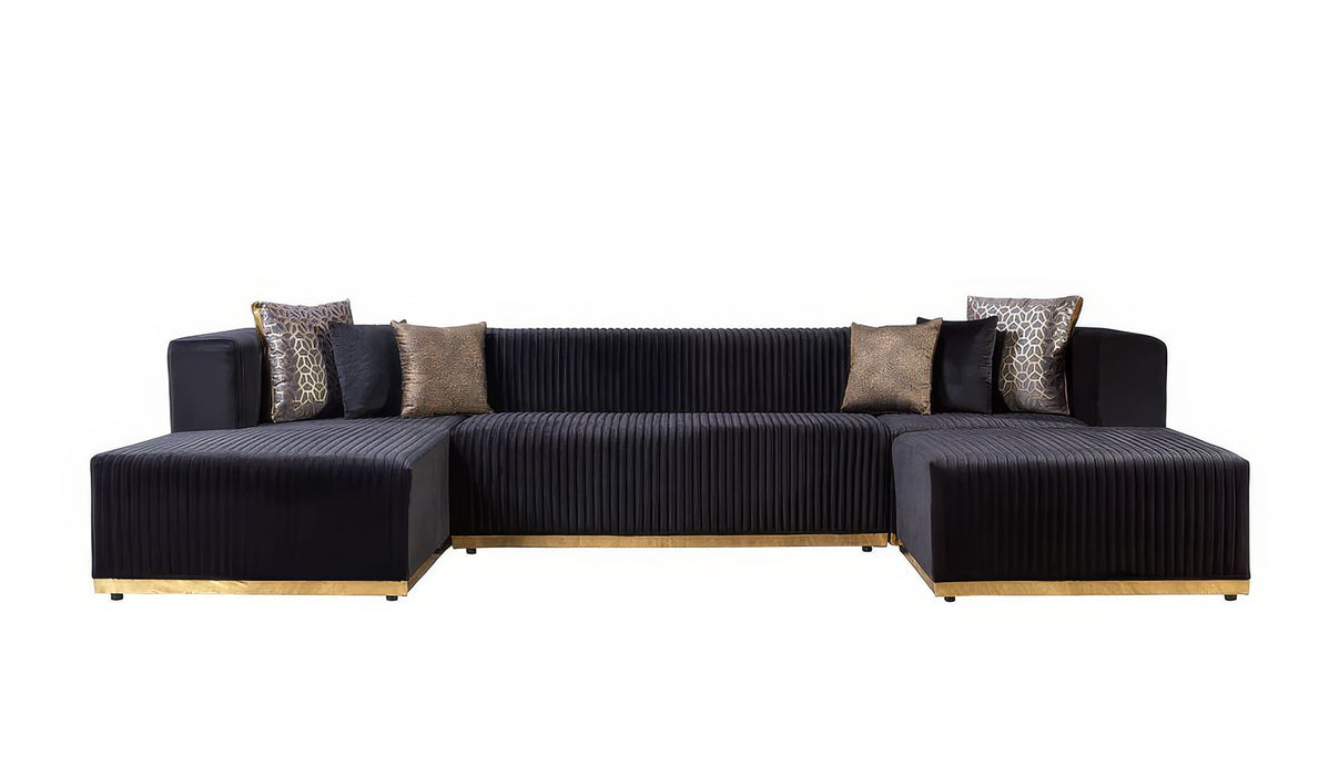 Velvet Modular U Shaped Four Piece Sofa Chaise Sectional With Toss Pillows - Black