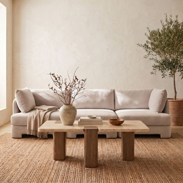 Meridian Furniture velvet performance fabric upholstered 3-piece stationary sectional sofa with plush cushions and modern design.