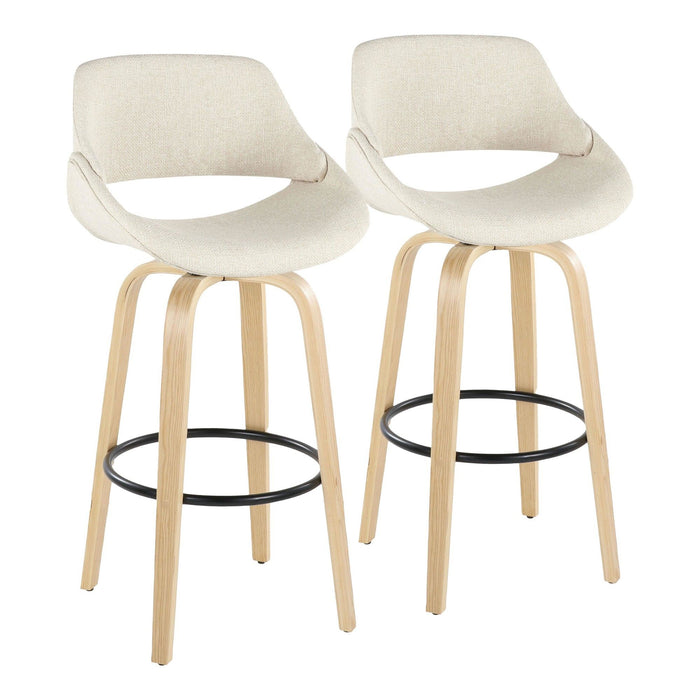 Fabrizzi - 30" Fixed-Height Barstool With Swivel And Round Black Metal Footrest (Set of 2) - Natural Wood