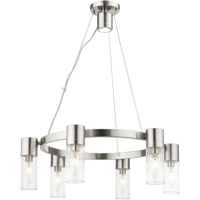 20" Six Light Metal Dimmable Chandelier With Shades - Nickel / Clear