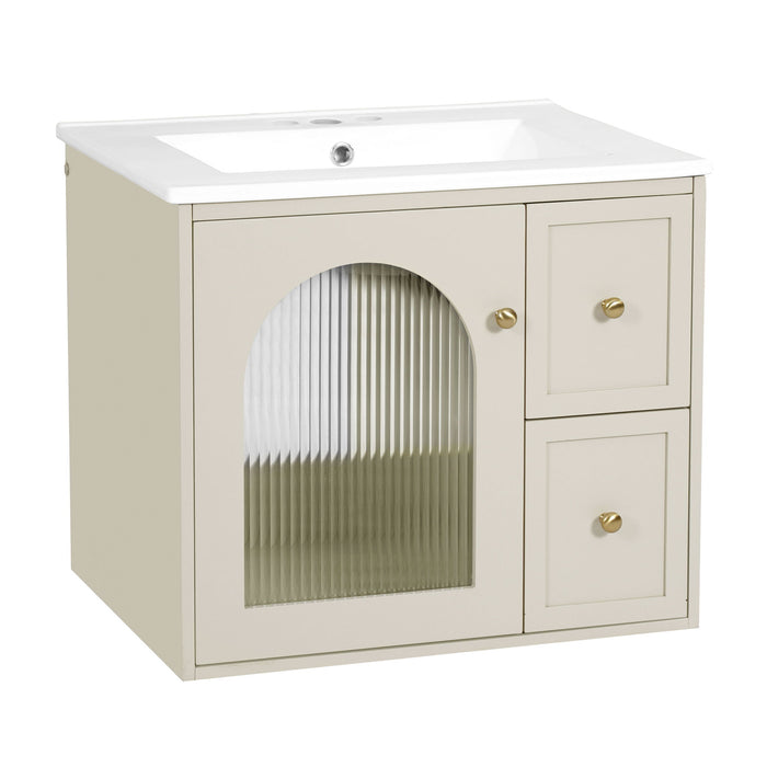 Giga wall-mounted bathroom vanity set with sink, two drawers, and soft-close door, modern design for stylish bathroom storage.