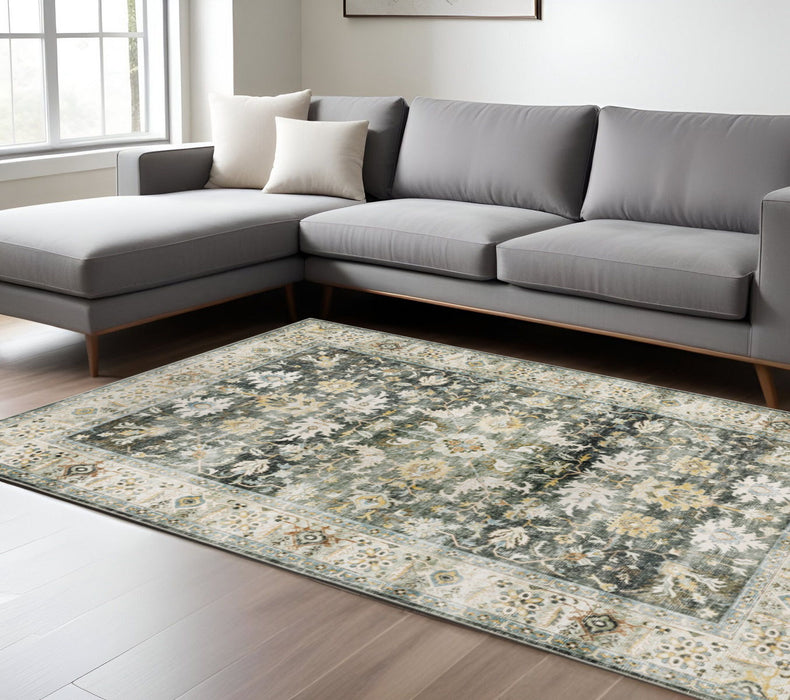7' x 10' Oriental Printed Stain Resistant Non Skid Area Rug - Gray Charcoal Gold Brown Ivory Pale Sage And Light Blue