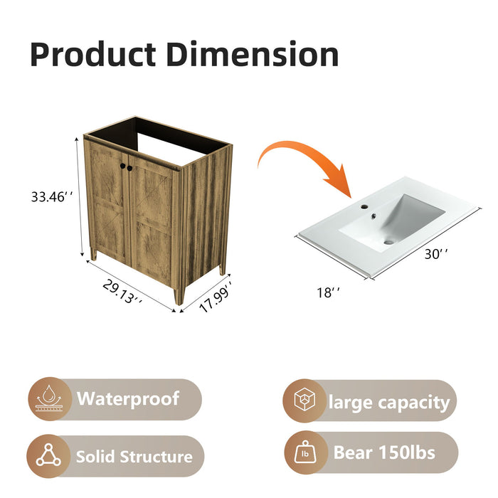 Giga folding floor cabinet with ceramic sink, space-saving vanity unit featuring a sleek white ceramic basin and wooden finish.