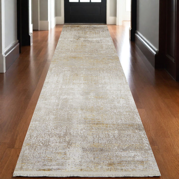 3' x 10' Abstract Runner Rug With Fringe - Taupe Ivory And Gold
