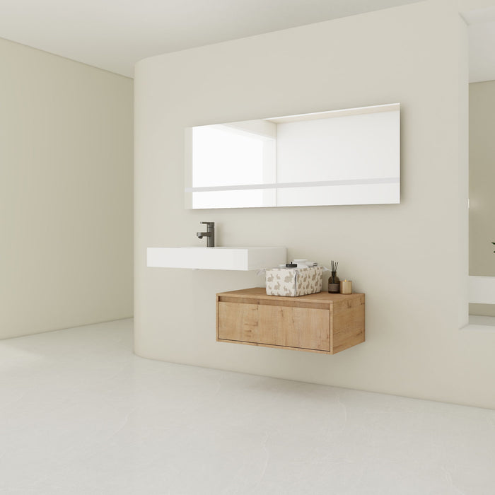 Modern Giga wall-mounted bathroom vanity with resin sink, soft-close drawer, in imitative oak finish, showcasing sleek contemporary design.