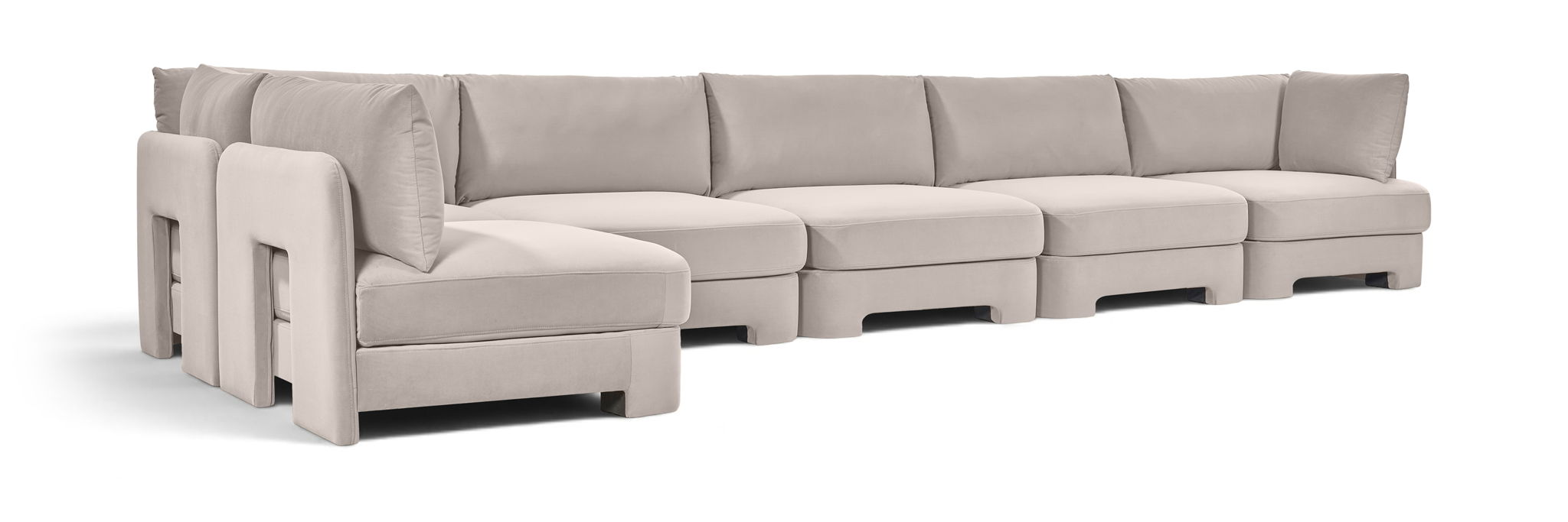Meridian Furniture Hammond velvet performance fabric L-shaped armless sectional with six pieces, plush upholstery and modern design.