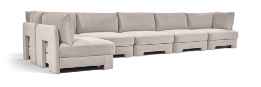 Meridian Furniture Hammond velvet performance fabric L-shaped armless sectional with six pieces, plush upholstery and modern design.