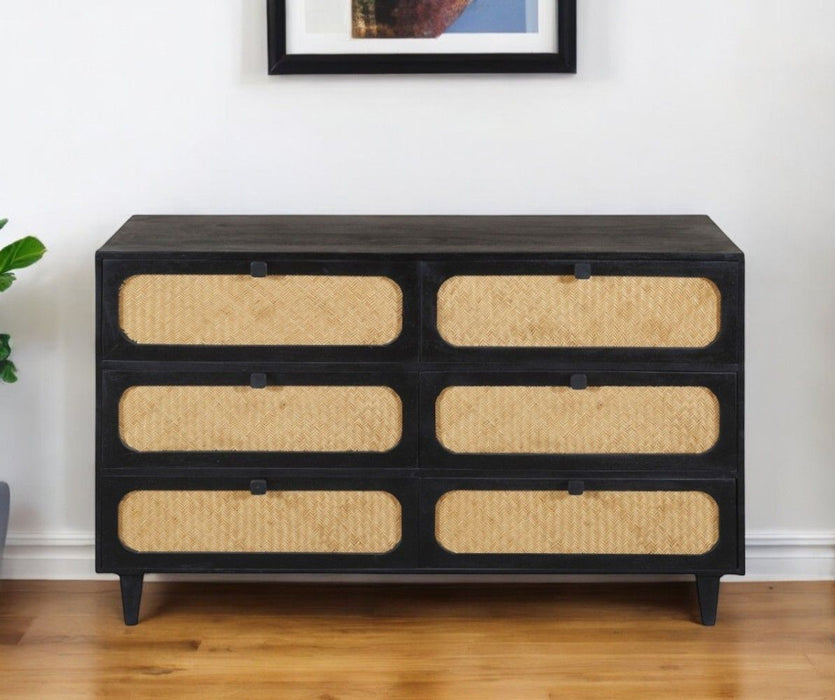 56" Solid Wood And Rat Six Drawer Double Dresser - Black And Natural