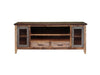 Distressed brown wood TV stand with enclosed storage and cabinet doors, ideal for living room or entertainment area.