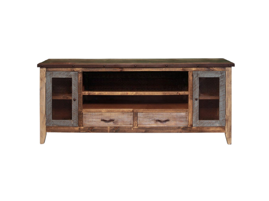 Distressed brown wood TV stand with enclosed storage and cabinet doors, ideal for living room or entertainment area.