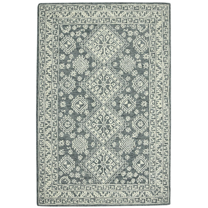 8' X 11' Wool Geometric Hand Hooked Area Rug - Slate Gray And Ivory