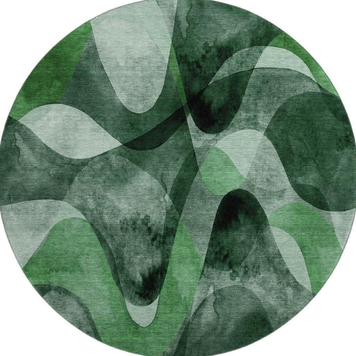 8' Abstract Washable Round Rug With UV Protection (648079) - Fern Green / Gray / Ivory