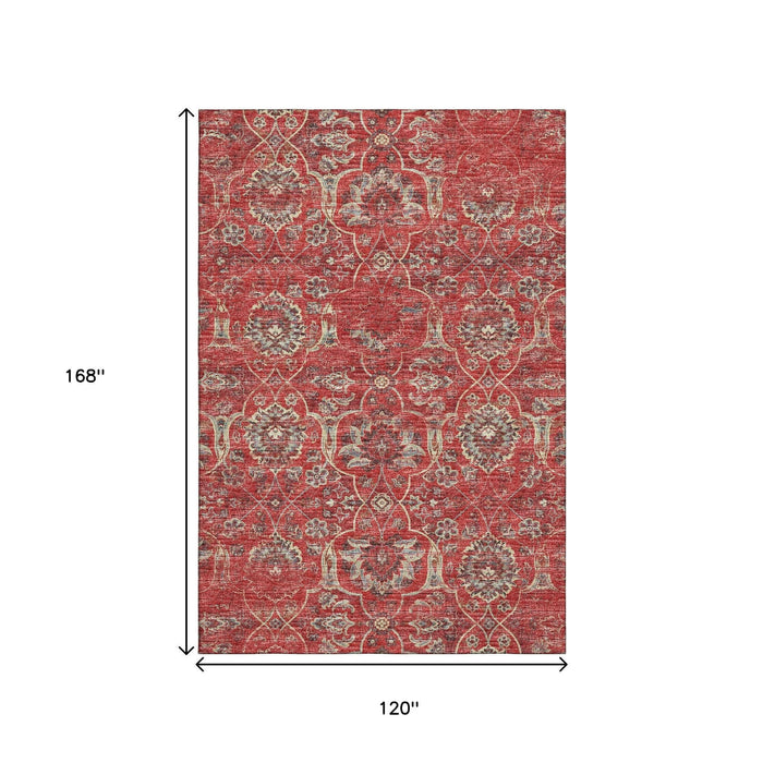 10' X 14' Floral Medallion Distressed Washable Area Rug With UV Protection (644592) - Red / Beige