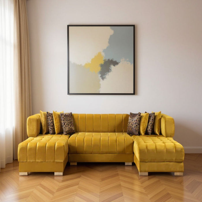 Mustard Velvet U-Shaped Three Piece Sofa Chaise Sectional With Toss Pillows - Mustard