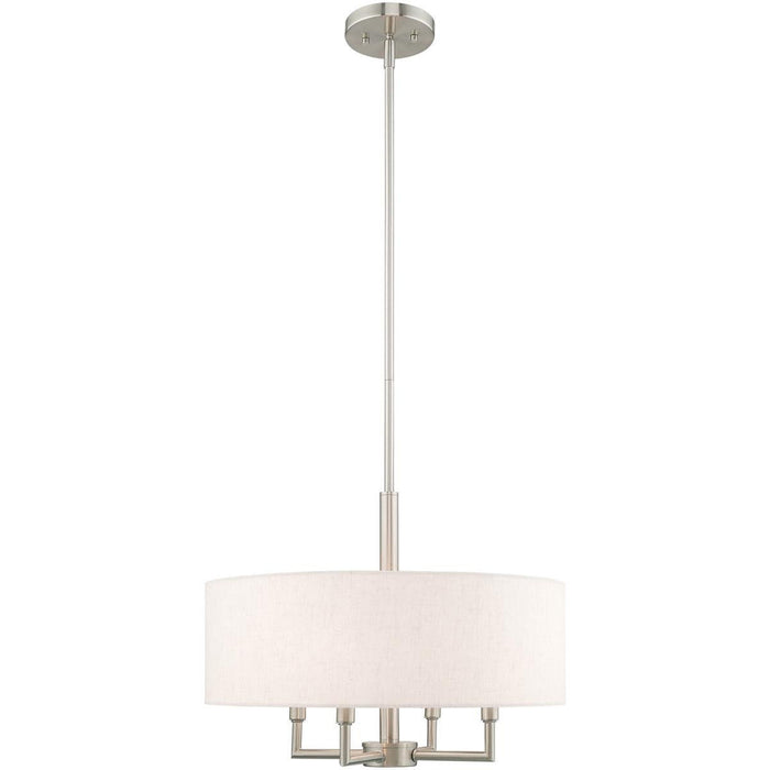 HomeRoots 23-inch four-light metal chandelier with dimmable shades in nickel and cream, featuring a modern design and elegant lighting.