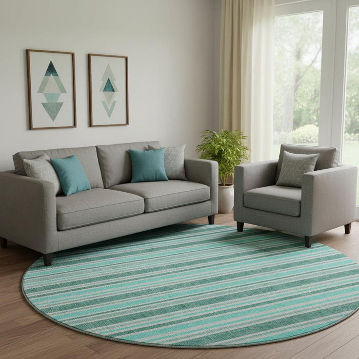 8' Striped Washable Round Rug With UV Protection (647887) - Turquoise / Ivory