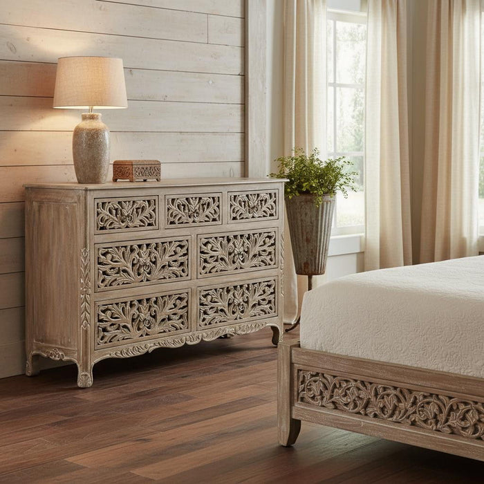 Solid Wood Seven Drawer Dresser - Light Brown