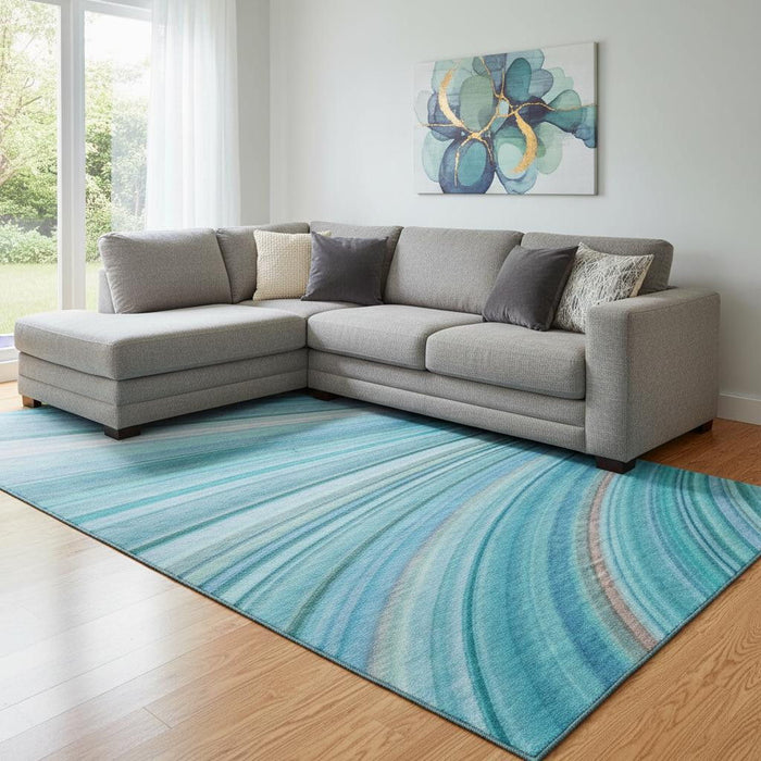9' X 12' Abstract Washable Area Rug With UV Protection (650355) - Teal / Ivory