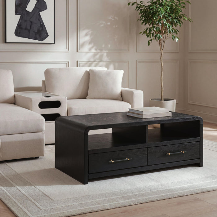 Rectangular cocktail table from Signature Design by Ashley featuring a sleek wooden top and modern metal legs.