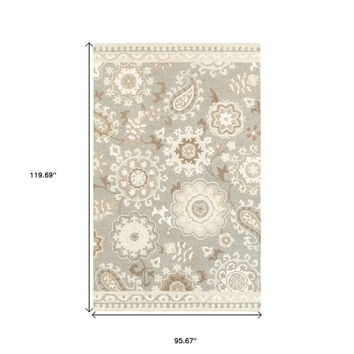 8' X 10' Wool Floral Hand Tufted Area Rug - Gray And Sand