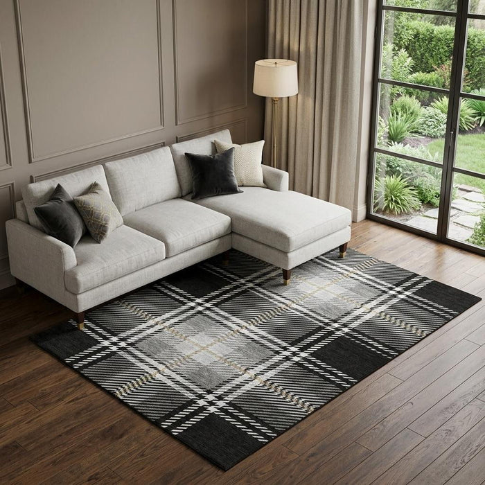 10' X 14' Plaid Washable Area Rug With UV Protection (674293) - Black / Ivory / Gold