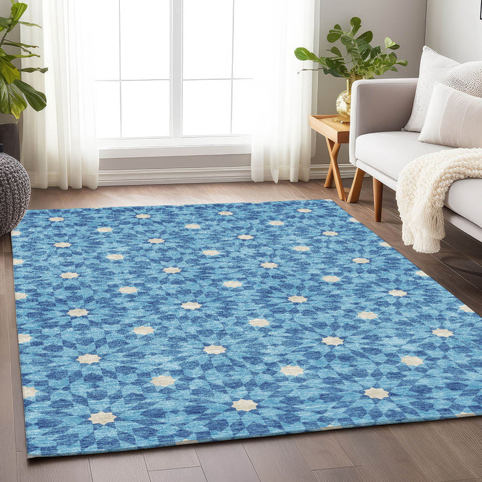 8' X 10' Geometric Washable Area Rug With UV Protection - Denim Blue / Ivory