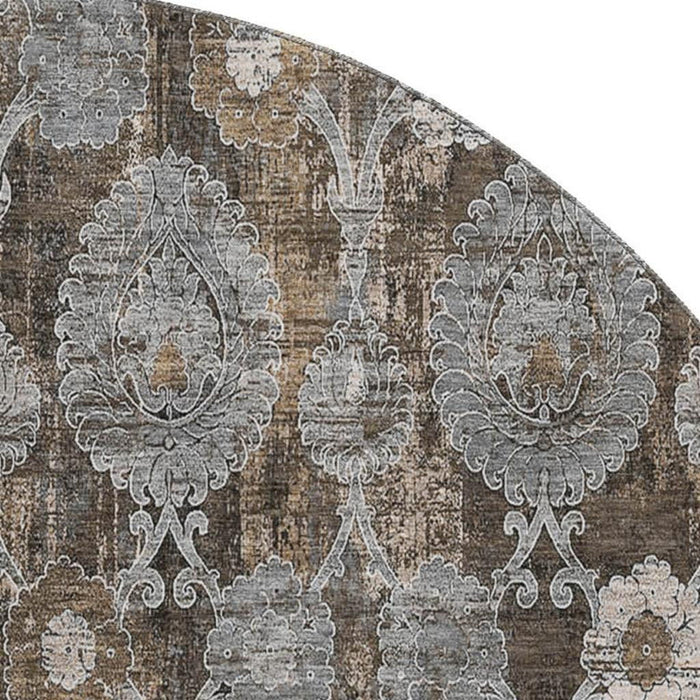 8' Damask Washable Round Rug With UV Protection - Chocolate
