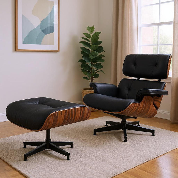 Mid-century rosewood leather lounge chair with tufted upholstery and matching ottoman by HomeRoots.