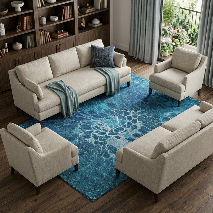 9' X 12' Abstract Washable Area Rug With UV Protection (654577) - Navy Blue / Ivory