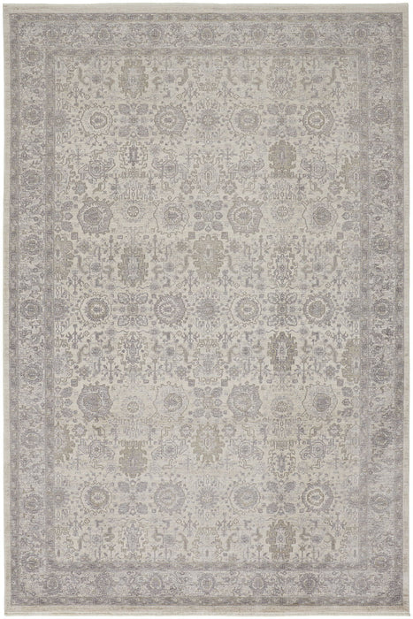 8' x 10' Oriental Power Loom Worn Faded Area Rug With Fringe - Gray And Ivory