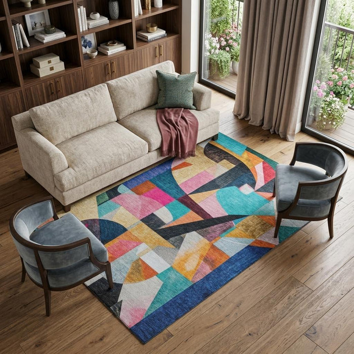 10' X 14' Abstract Washable Area Rug With UV Protection (700355) - Blue / Orange / Pink