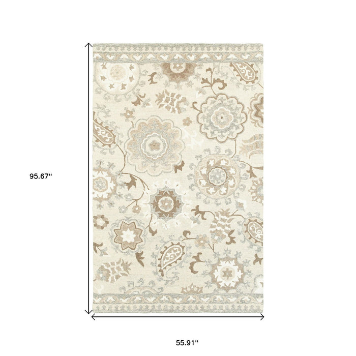 5' X 8' Wool Floral Hand Tufted Area Rug - Ivory And Gray