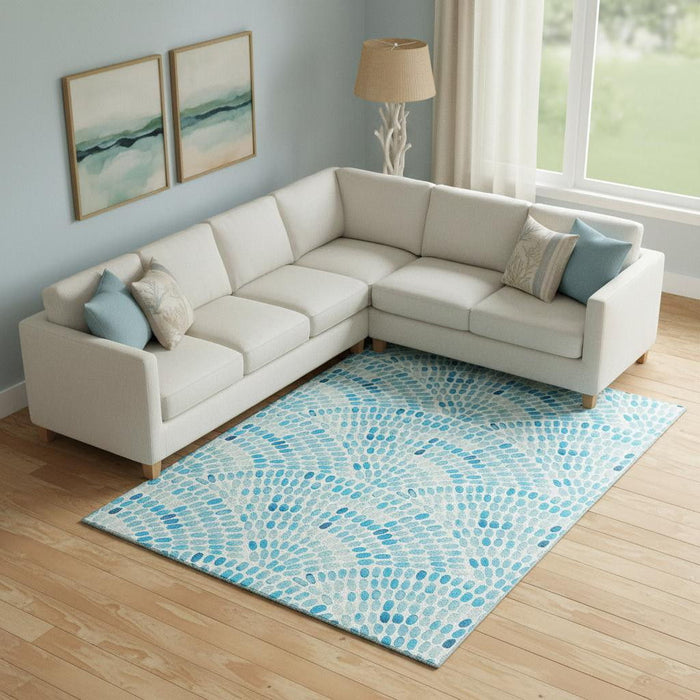 10' X 14' Geometric Washable Area Rug With UV Protection (645846) - Aqua / Ivory
