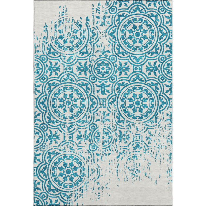 10' X 14' Medallion Washable Area Rug With UV Protection - Teal / Ivory