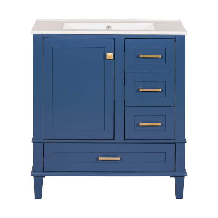 Modern Giga bathroom vanity with sink, solid wood frame, soft-closing door, and three drawers, ideal for stylish bathroom storage.