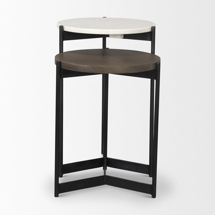 Marble Solid Wood And Metal Round Nested Tables (Set of 2) - Black And Dark Brown